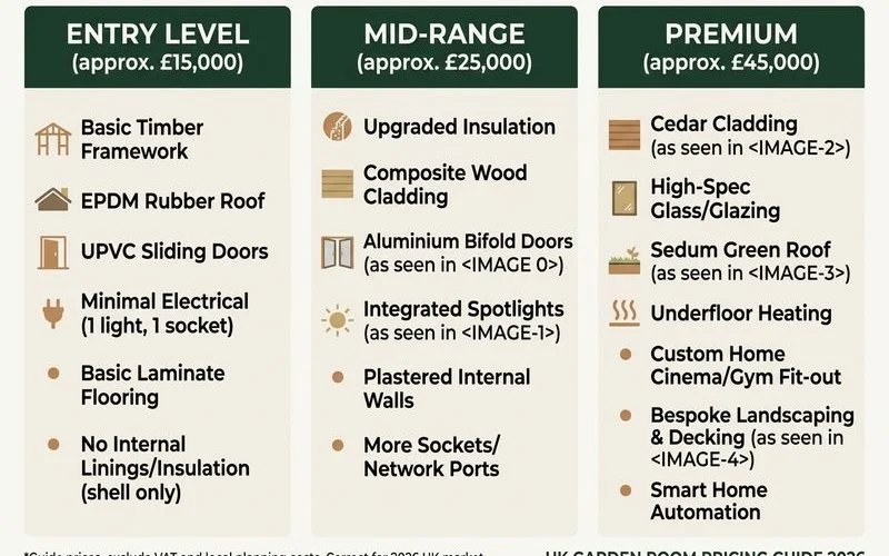 Three-tier price comparison chart for garden rooms in the UK
