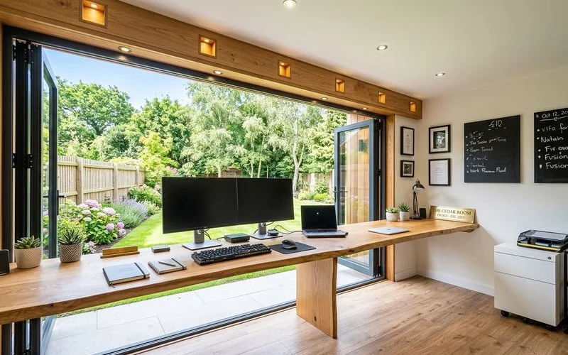 Premium-spec UK garden office interior with bespoke joinery and large glazing