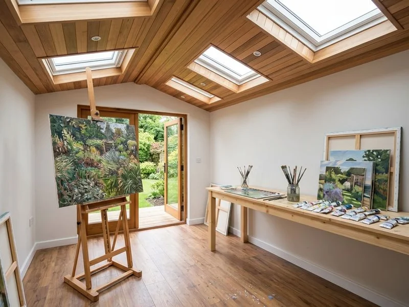 Garden art studio with rooflights and easel area