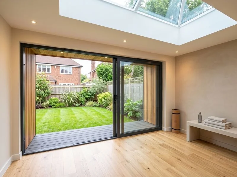 Garden gym with sprung floor and rooflights for yoga and stretching