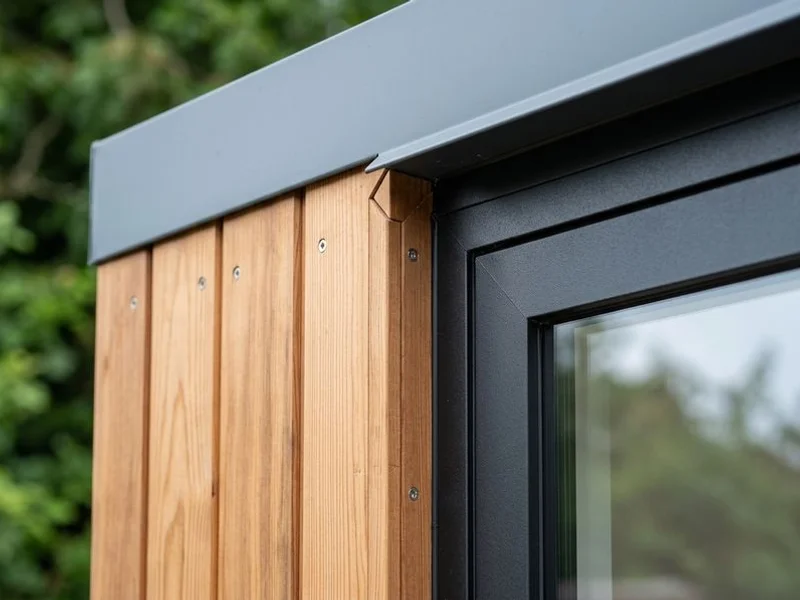 Garden office exterior — aluminium frame meeting Western Red Cedar cladding