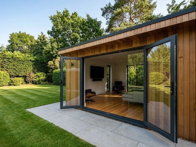 Garden room exterior detail with aluminium French doors