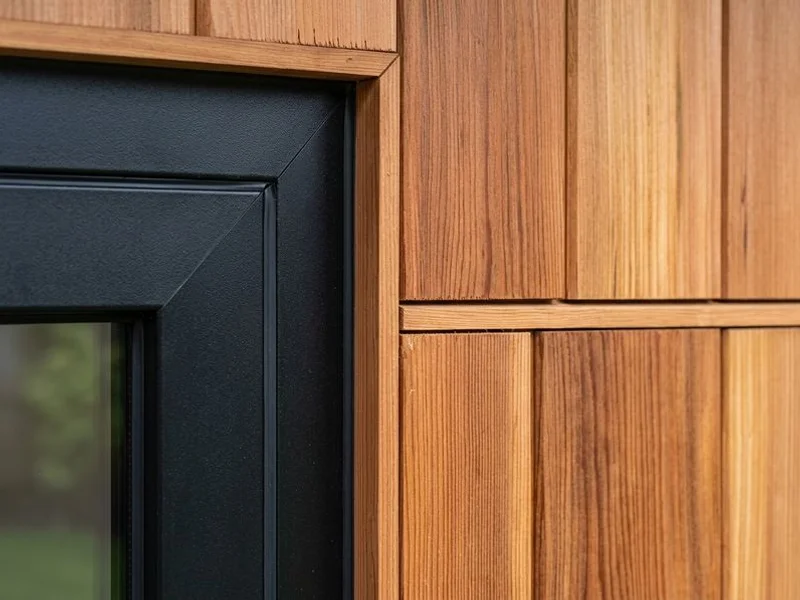 Workshop detail showing precision aluminium frame meeting Western Red Cedar cladding