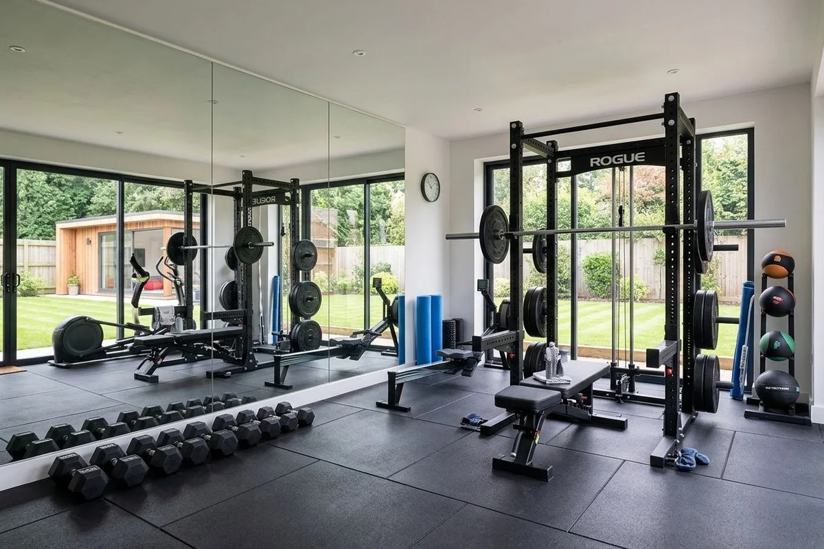 Garden gym interior with rubber flooring, full-wall mirror, power rack and free weights